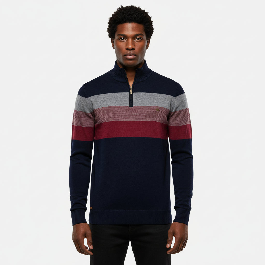 Men's striped quarter-zip mock neck sweater ribbed knit warm casual layer with classic horizontal stripes