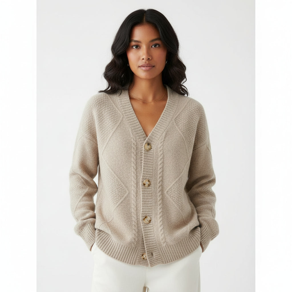 Women's cable knit cardigan beige button-front V-neck long sleeve relaxed layering sweater