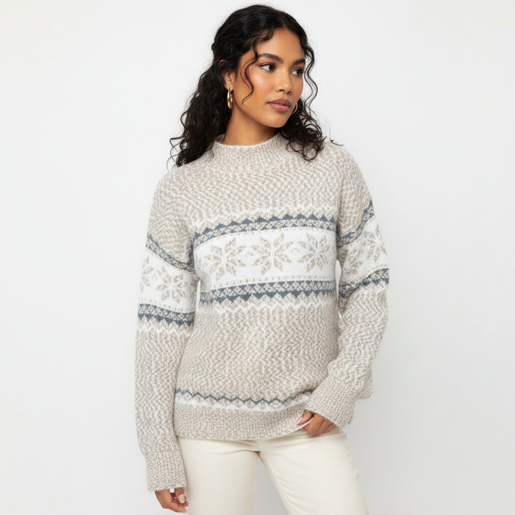 Women's Fair Isle crew neck sweater relaxed fit cozy warm knit with timeless winter pattern