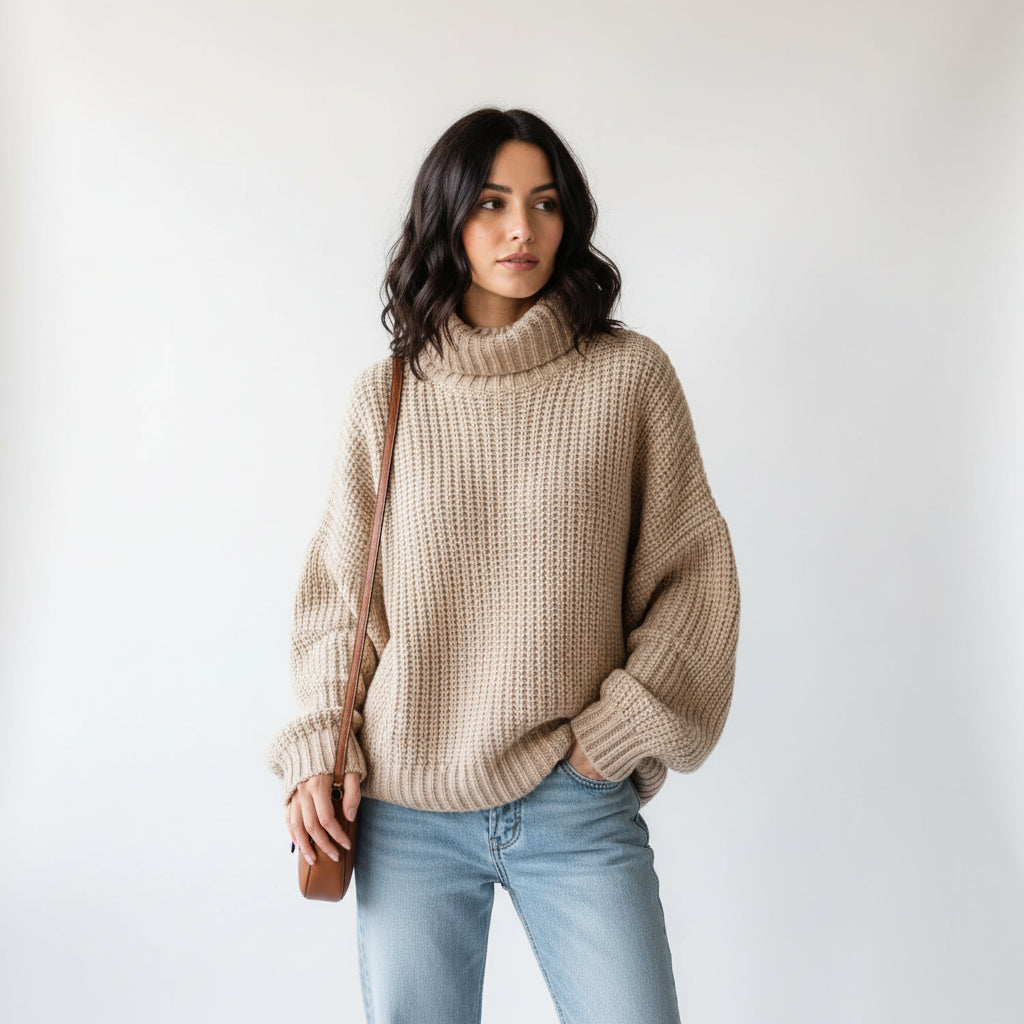 Women's oversized chunky knit sweater in cozy relaxed fit with bold tactile texture for everyday style