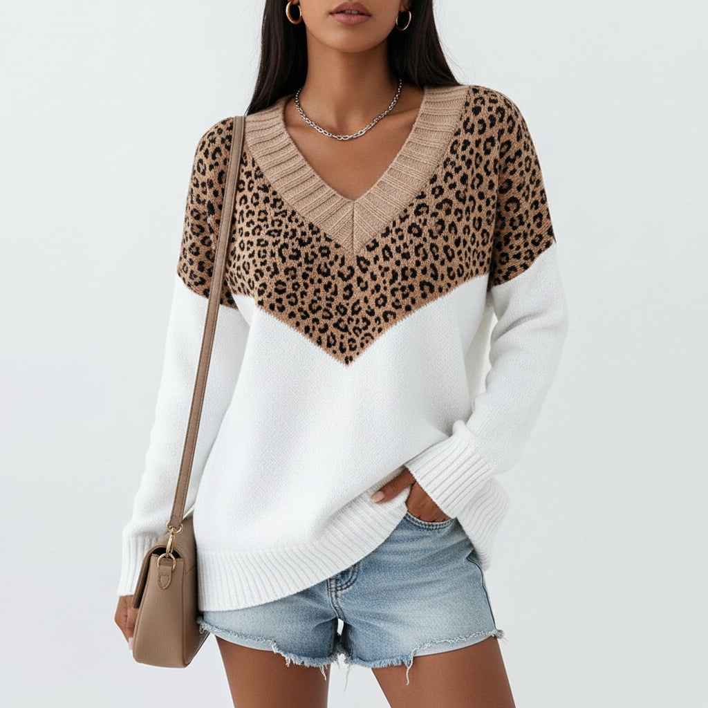 Women's color block V-neck sweater relaxed fit chevron knit pattern casual chic cozy pullover