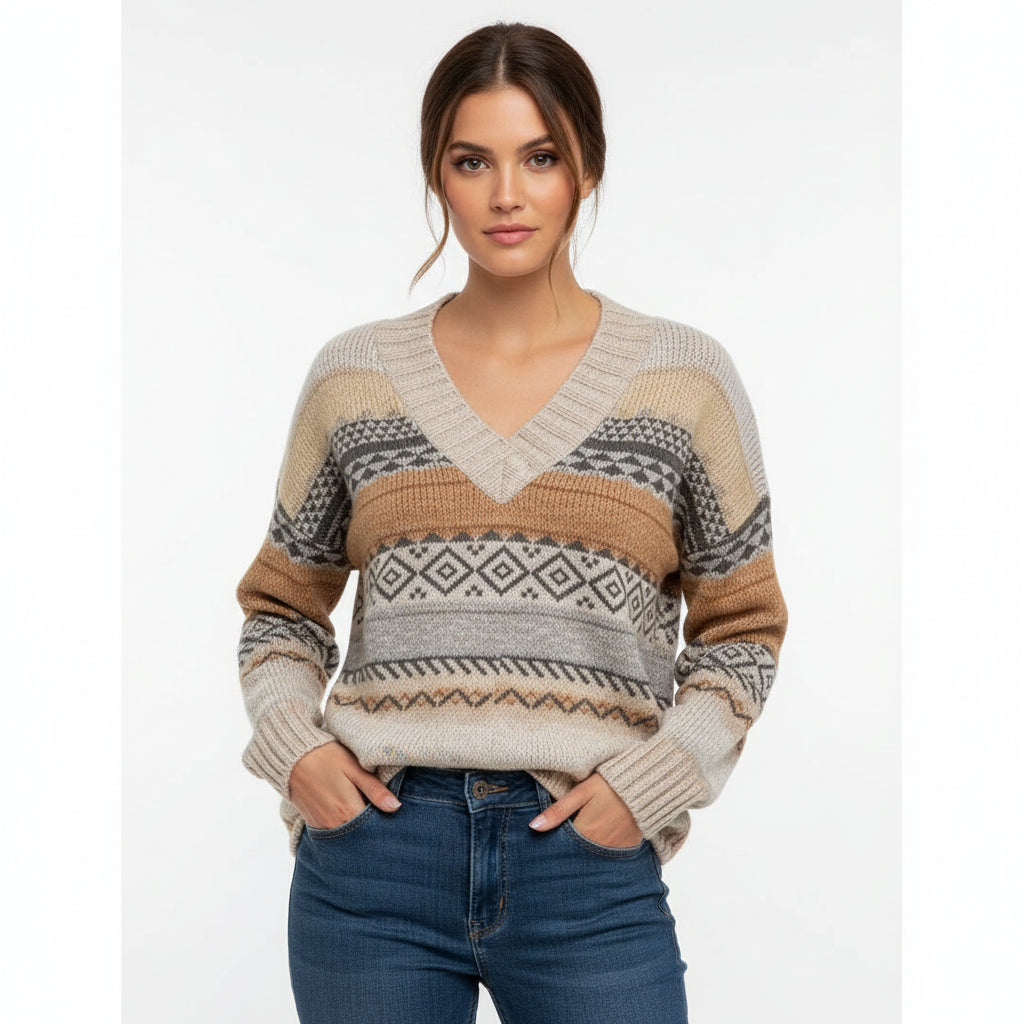 Women's color block V-neck sweater relaxed fit chevron knit pattern casual chic cozy pullover