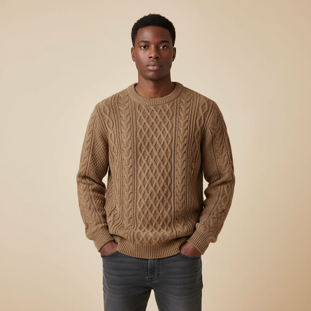 Men's cream cable knit crewneck sweater relaxed fit with ribbed cuffs and hem classic texture