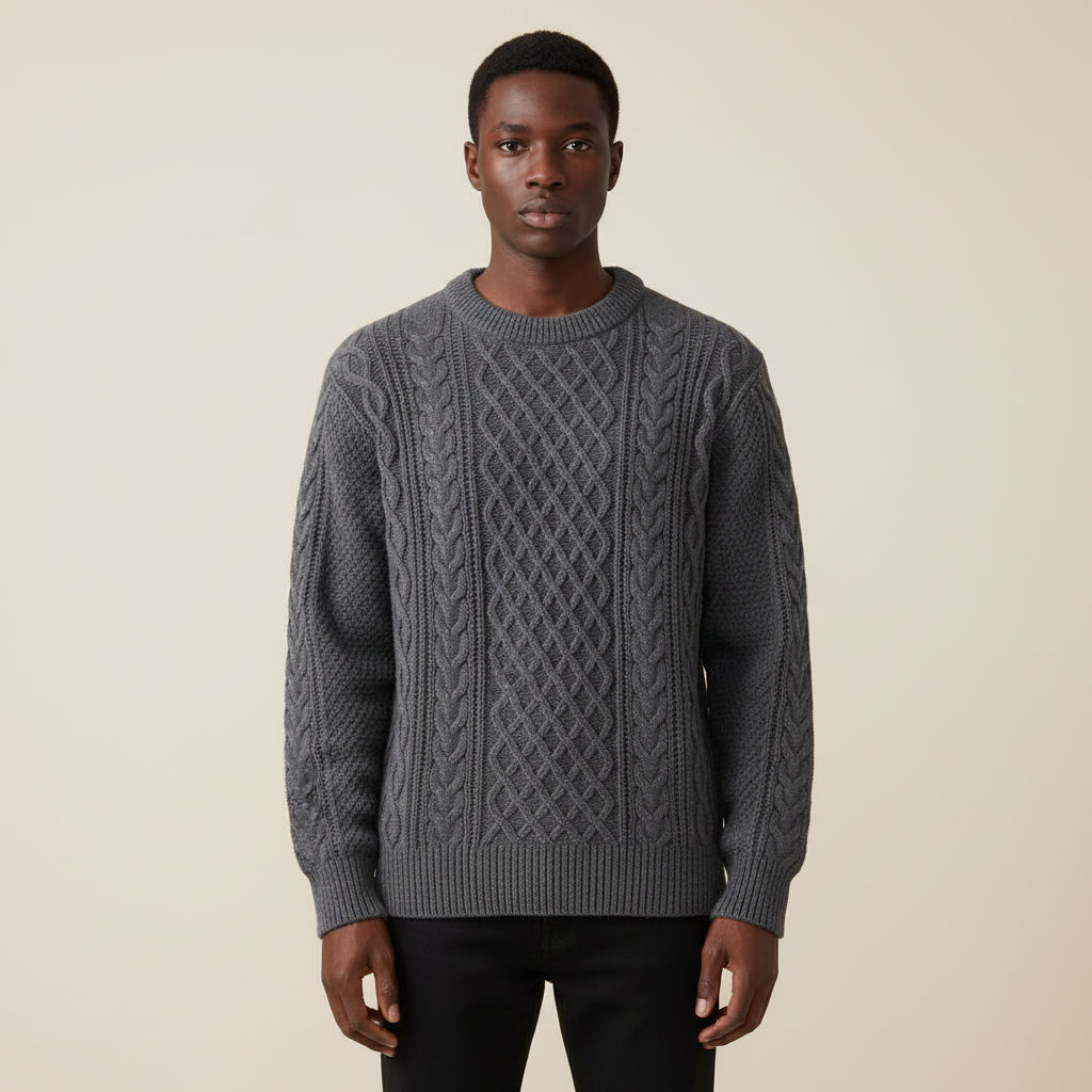 Men's beige cable knit crewneck sweater relaxed fit with ribbed cuffs and hem everyday essential