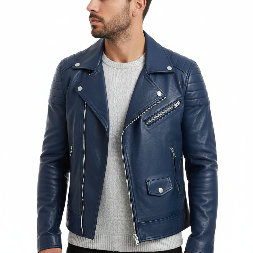 Men's black slim fit leather biker jacket with asymmetrical zip and quilted shoulder accents