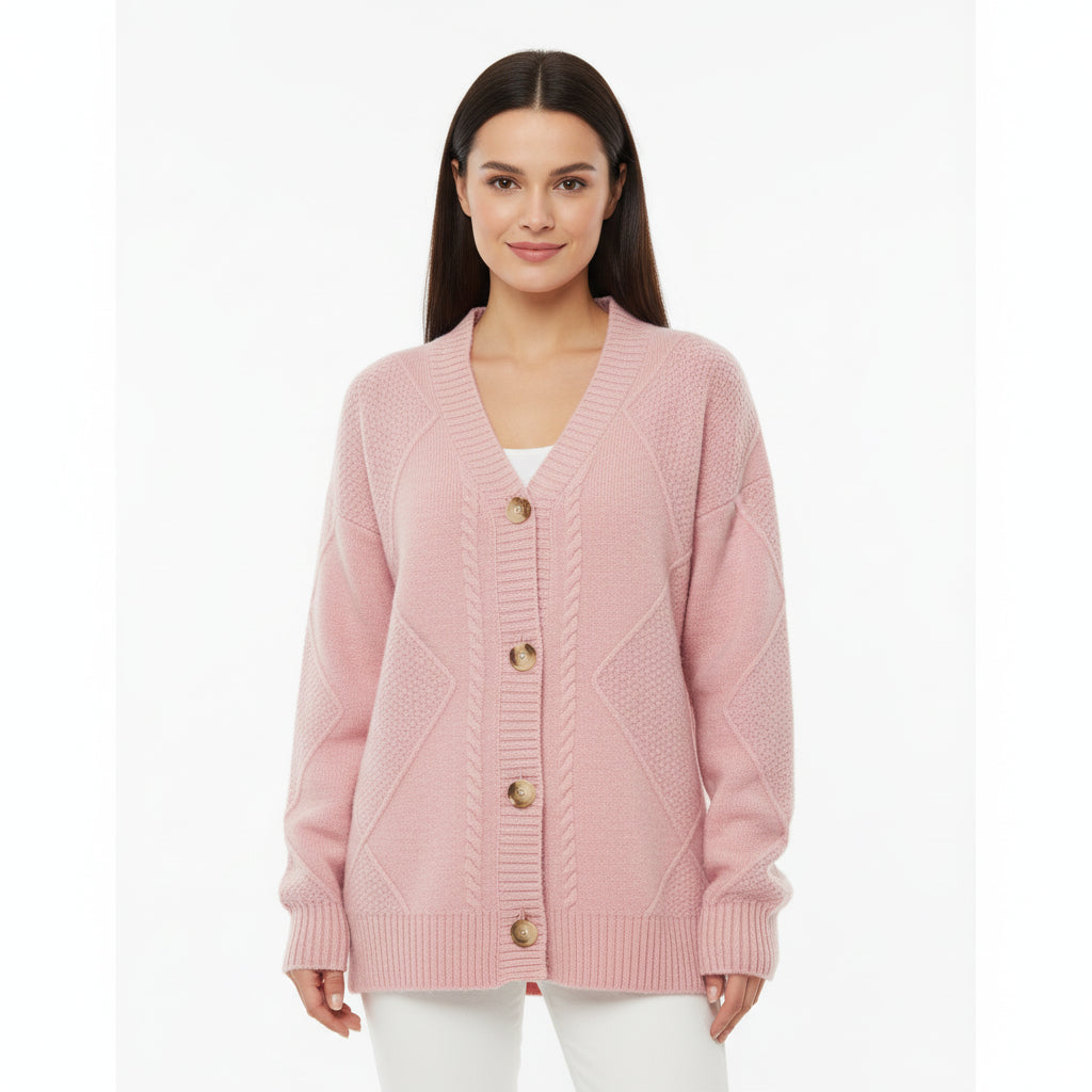 Women's cable knit cardigan button-front V-neck long sleeve layering sweater in neutral tone