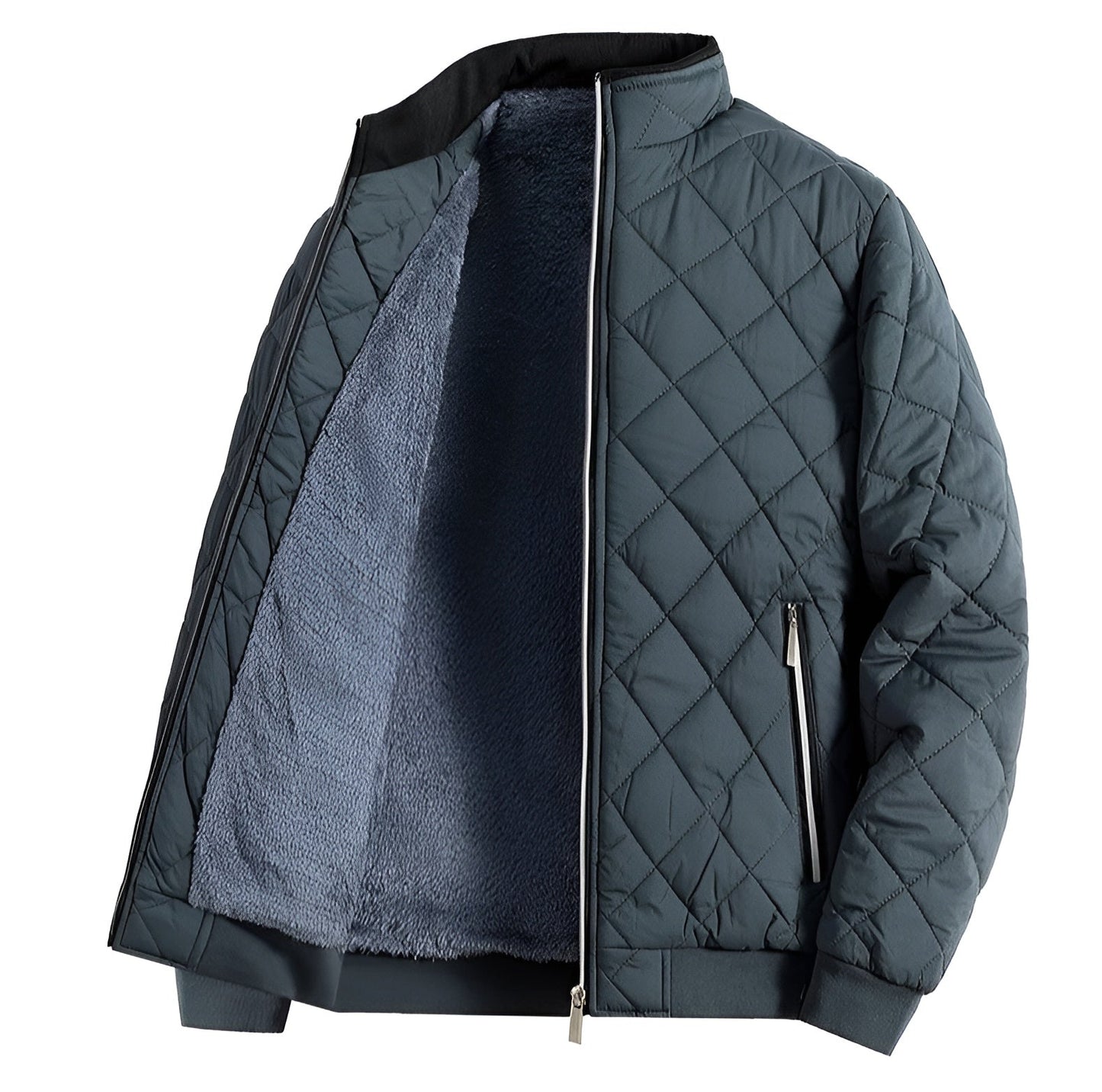 Lightweight quilted thermal jacket with high stub collar, fleece lining, and chrome zipper accent