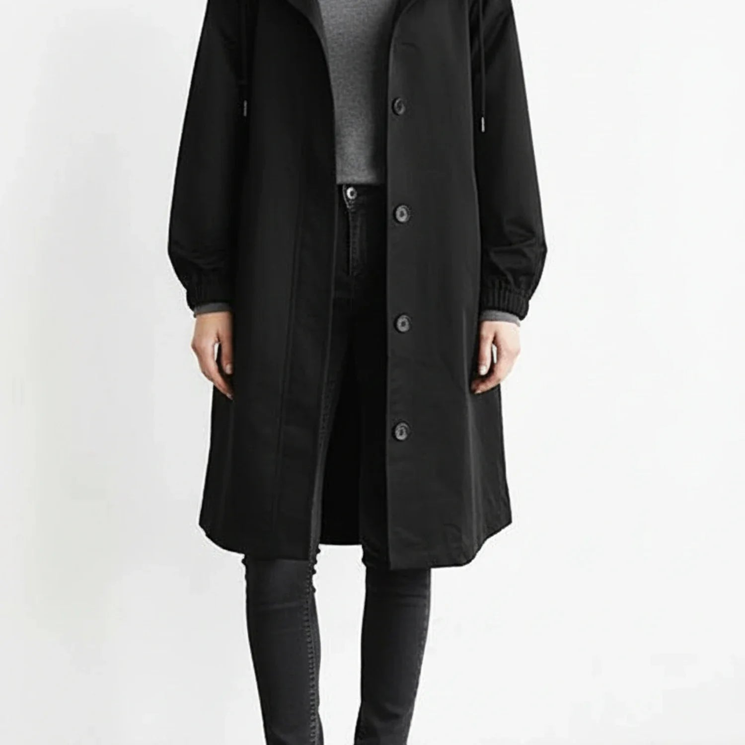Women's hooded long coat A-line silhouette with drawstring hood and side pockets
