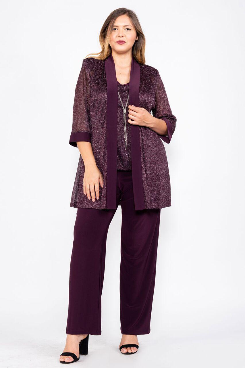 Metallic textured mock three-piece pantsuit with sleeveless dress and matching jacket for formal occasions