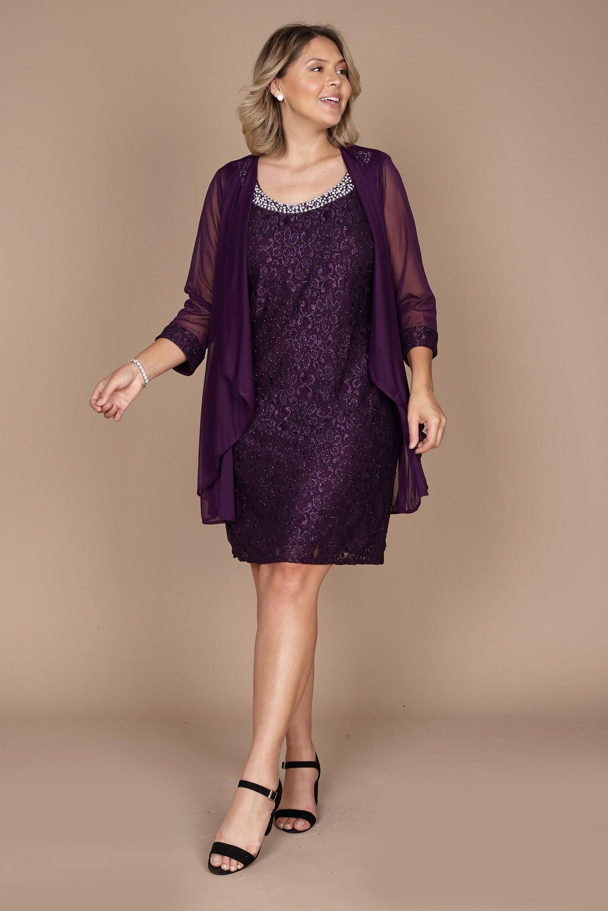 Sleeveless scoop neck lace mother of bride dress with matching glitter lace 3/4 sleeve jacket