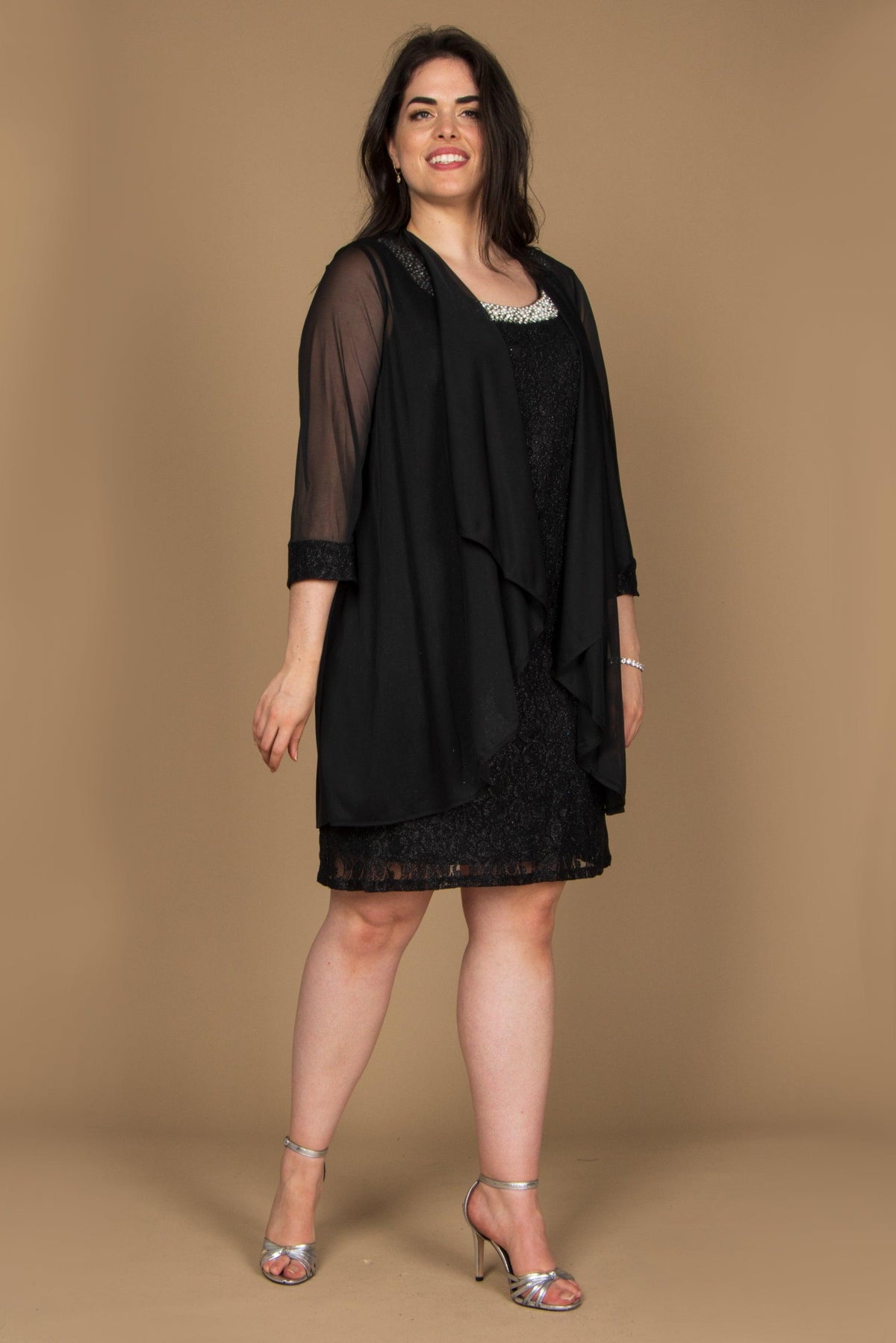 Sleeveless scoop neck lace Mother of the Bride dress with matching glitter lace 3/4 sleeve jacket