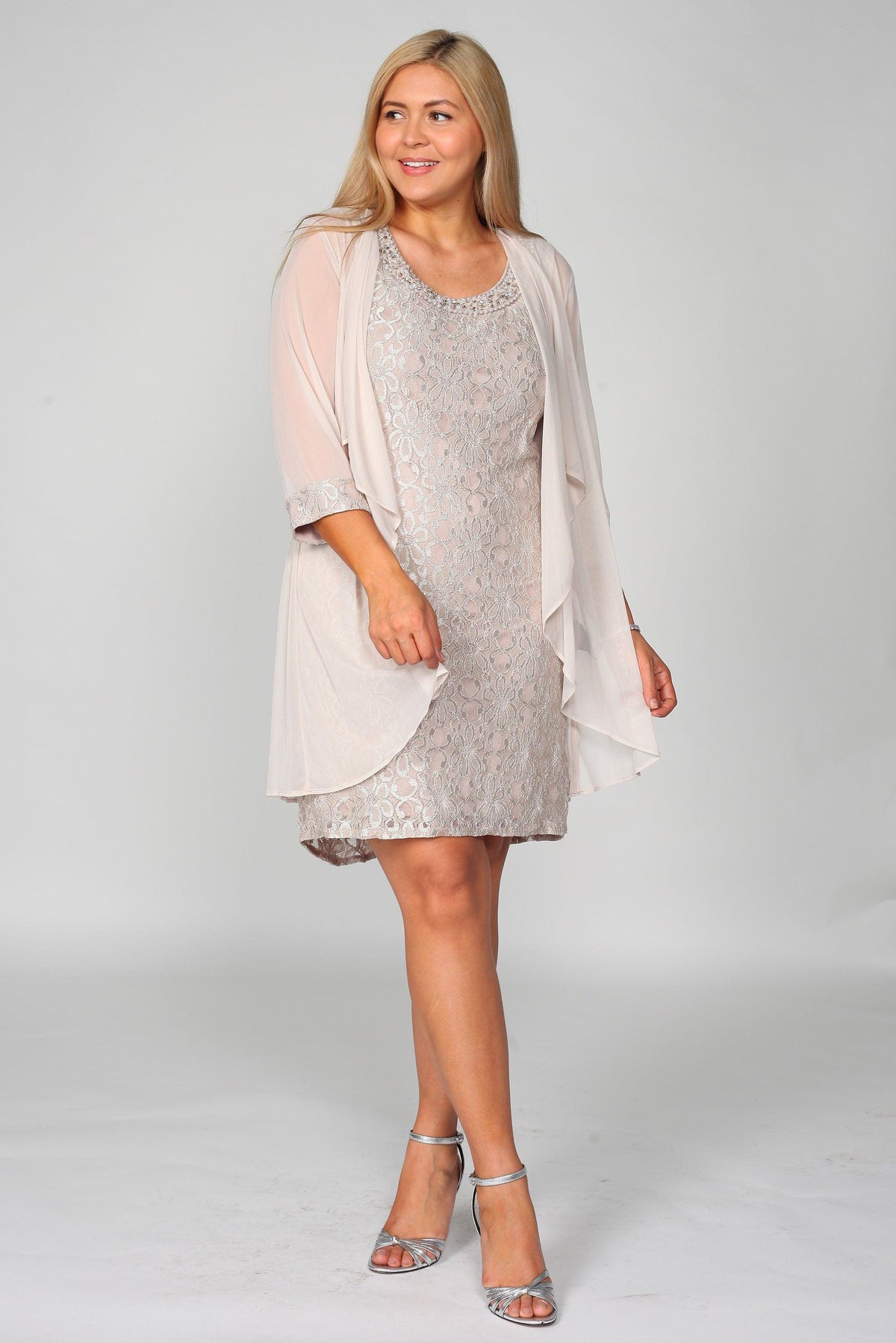 Sleeveless lace Mother of the Bride dress with matching glitter lace jacket and 3/4 sleeves