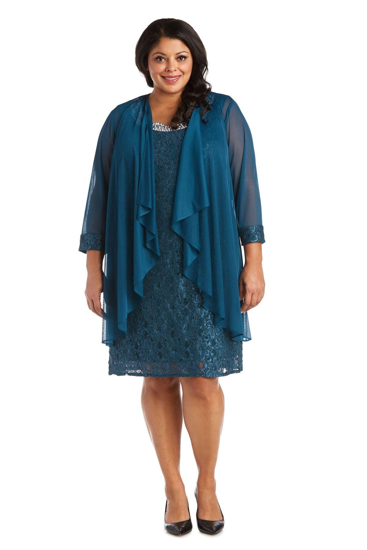 Sleeveless scoop neck lace mother of bride dress with matching 3/4 sleeve glitter lace jacket