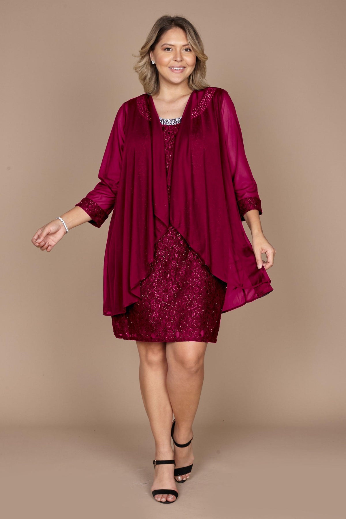 Sleeveless scoop neck lace mother of the bride dress with matching glitter lace 3/4 sleeve jacket
