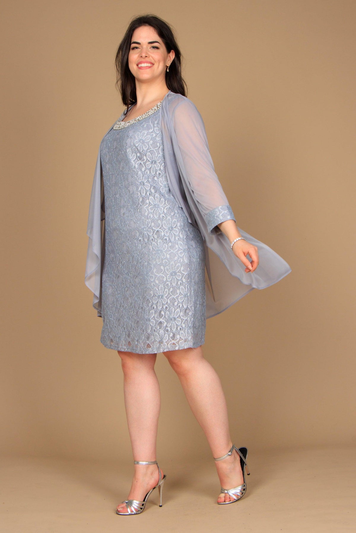 Sleeveless scoop neck mother of bride dress with matching 3/4 sleeve glitter lace jacket in blush