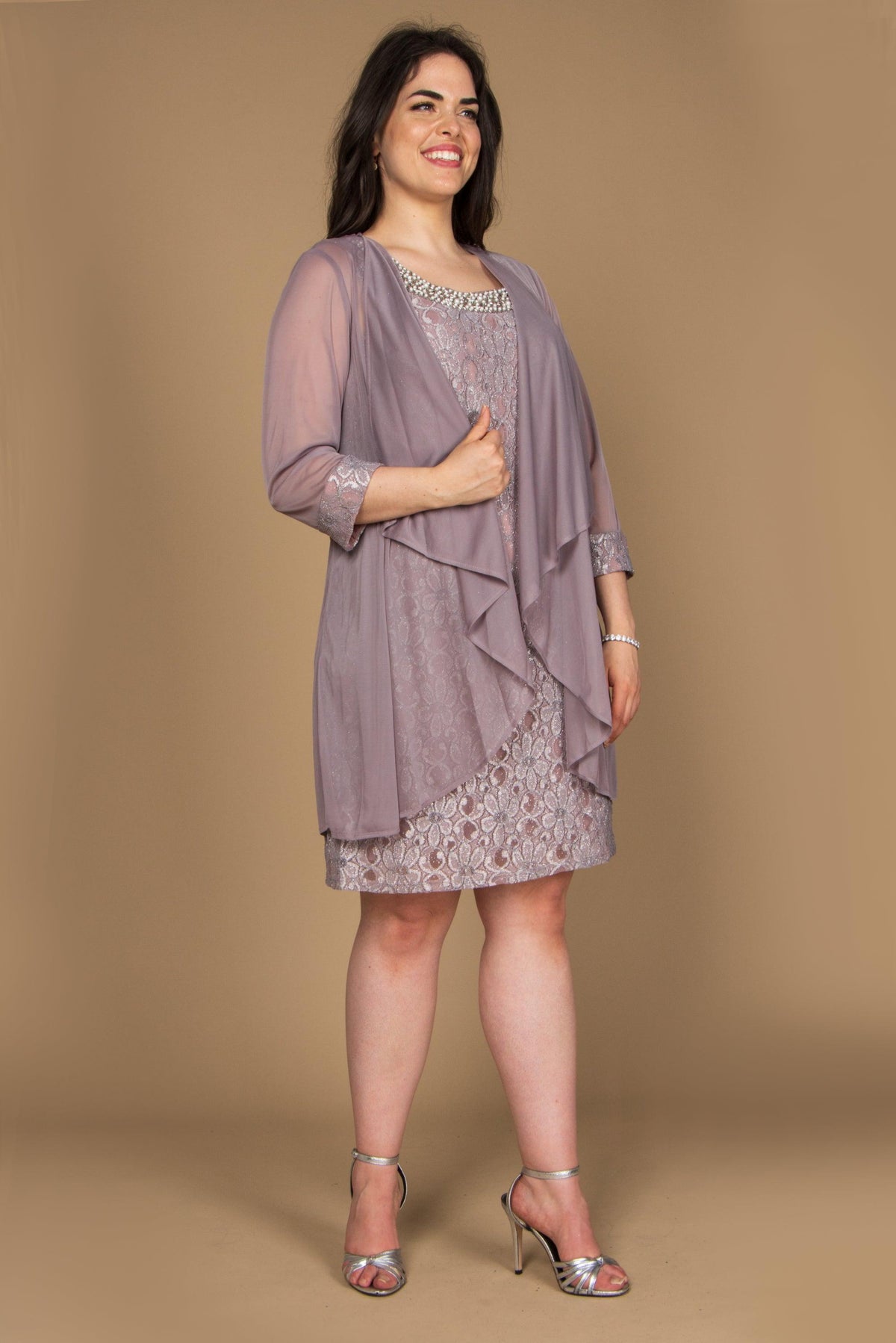 Elegant sleeveless lace Mother of the Bride dress with matching glitter lace 3/4 sleeve jacket