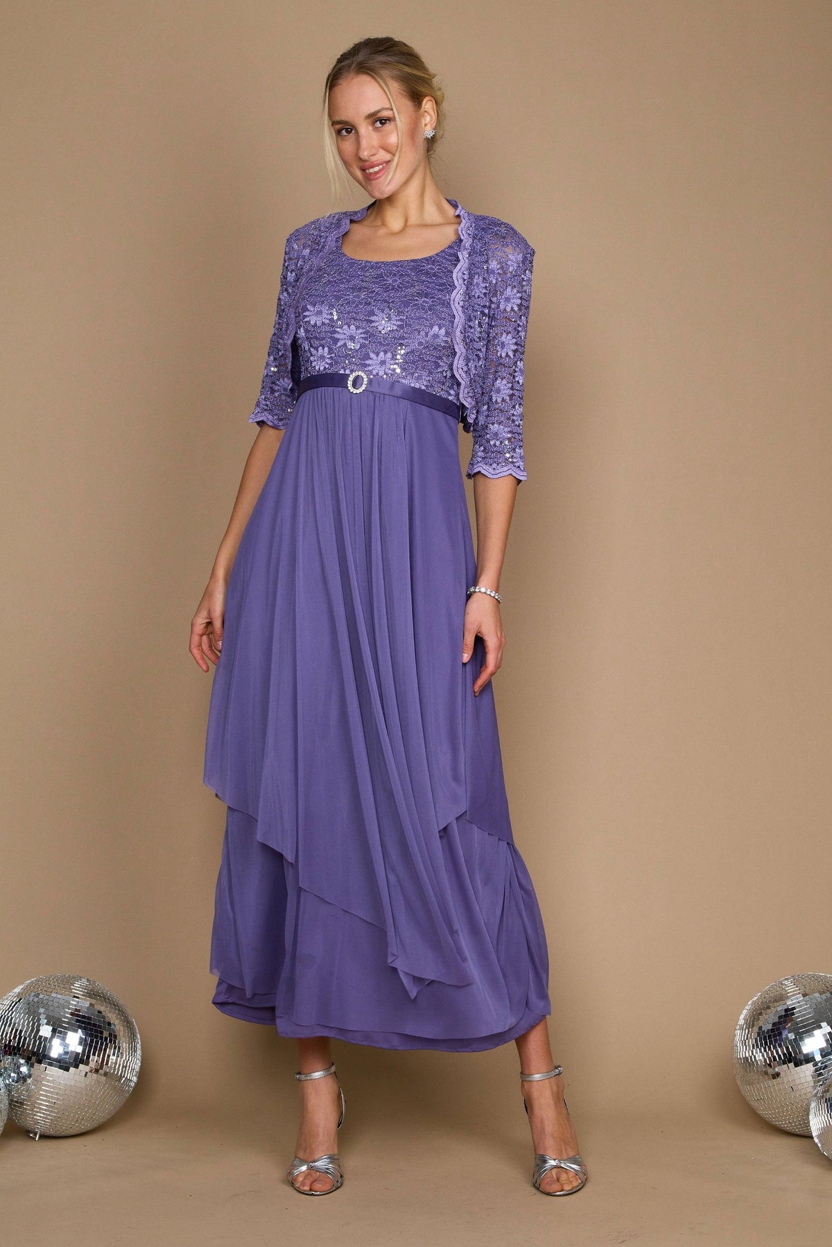 R&M Richards silver sequin bodice mother-of-the-bride dress with lace jacket and tulle chiffon skirt