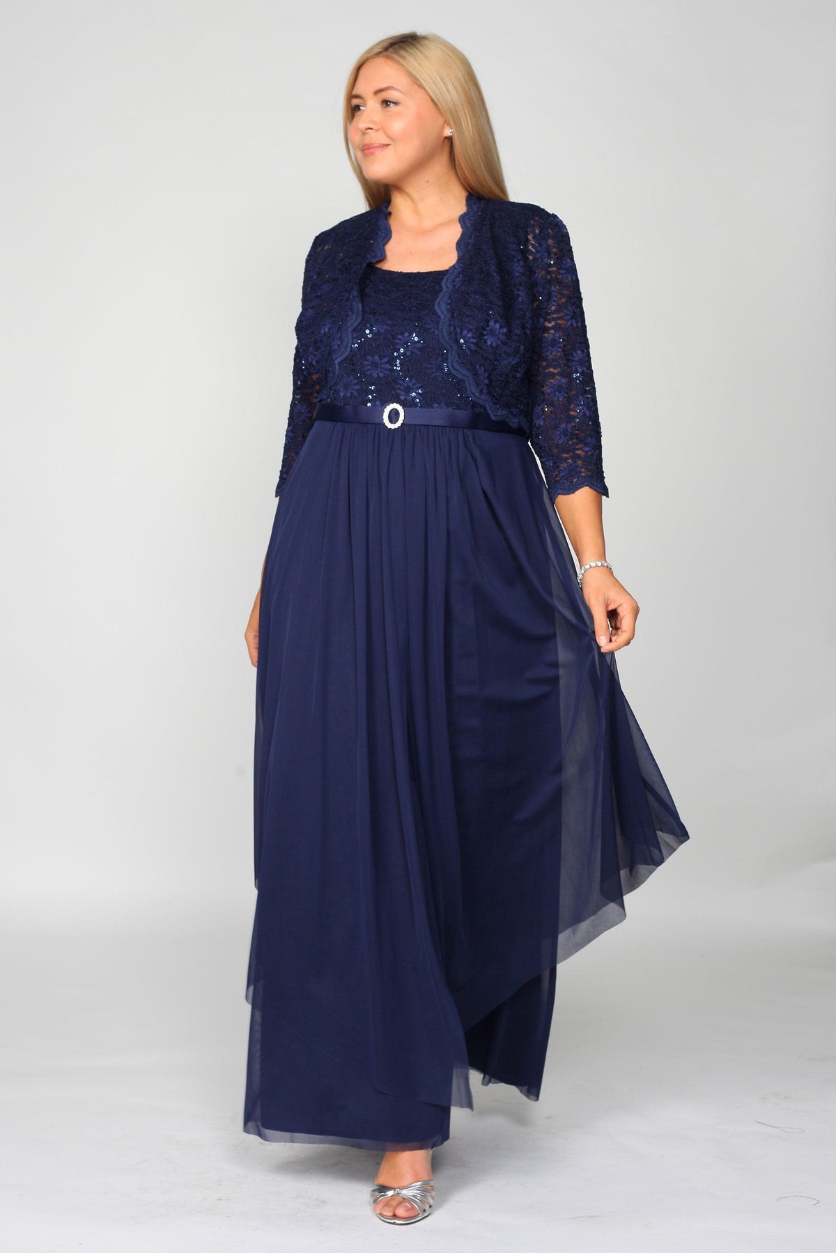 R&M Richards long mother-of-the-bride dress with sequin bodice, lace jacket, tulle chiffon skirt, silver