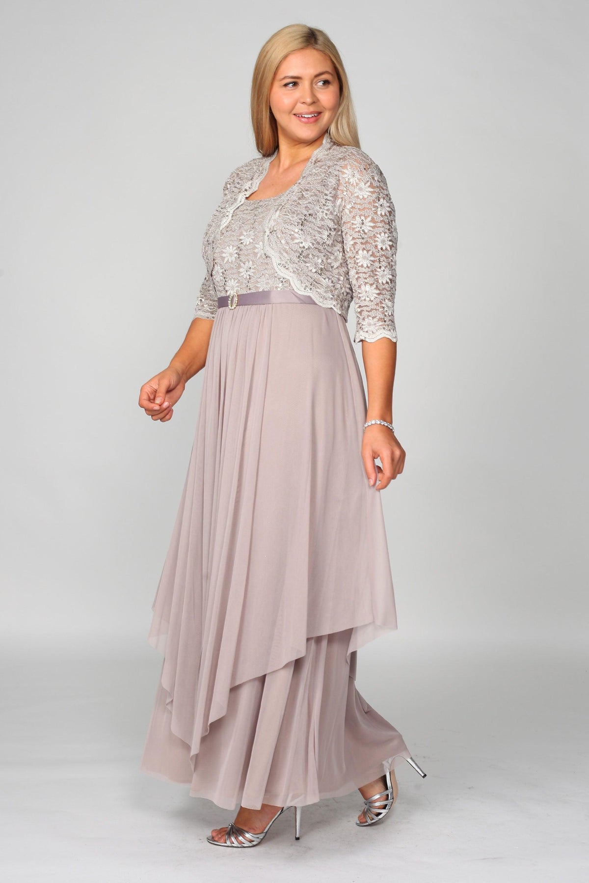 R&M Richards sequin bodice mother-of-the-bride gown with lace jacket and flowing tulle chiffon skirt