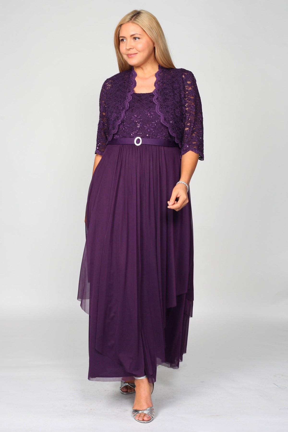 R&M Richards silver sequin bodice mother-of-the-bride dress with lace jacket and tulle chiffon skirt