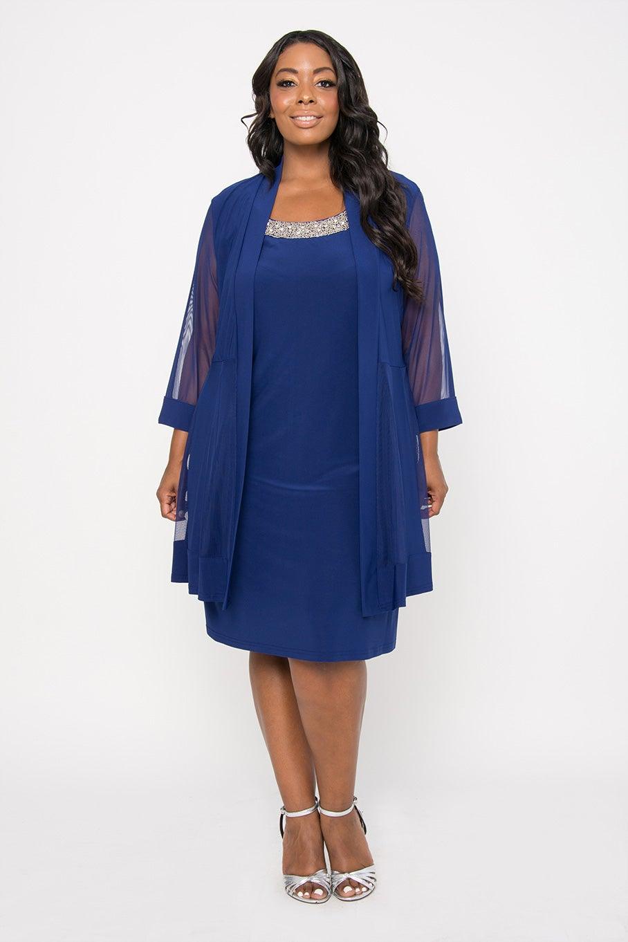 Elegant navy chiffon sleeveless cocktail dress with matching 3/4 sleeve jacket for mother of the bride