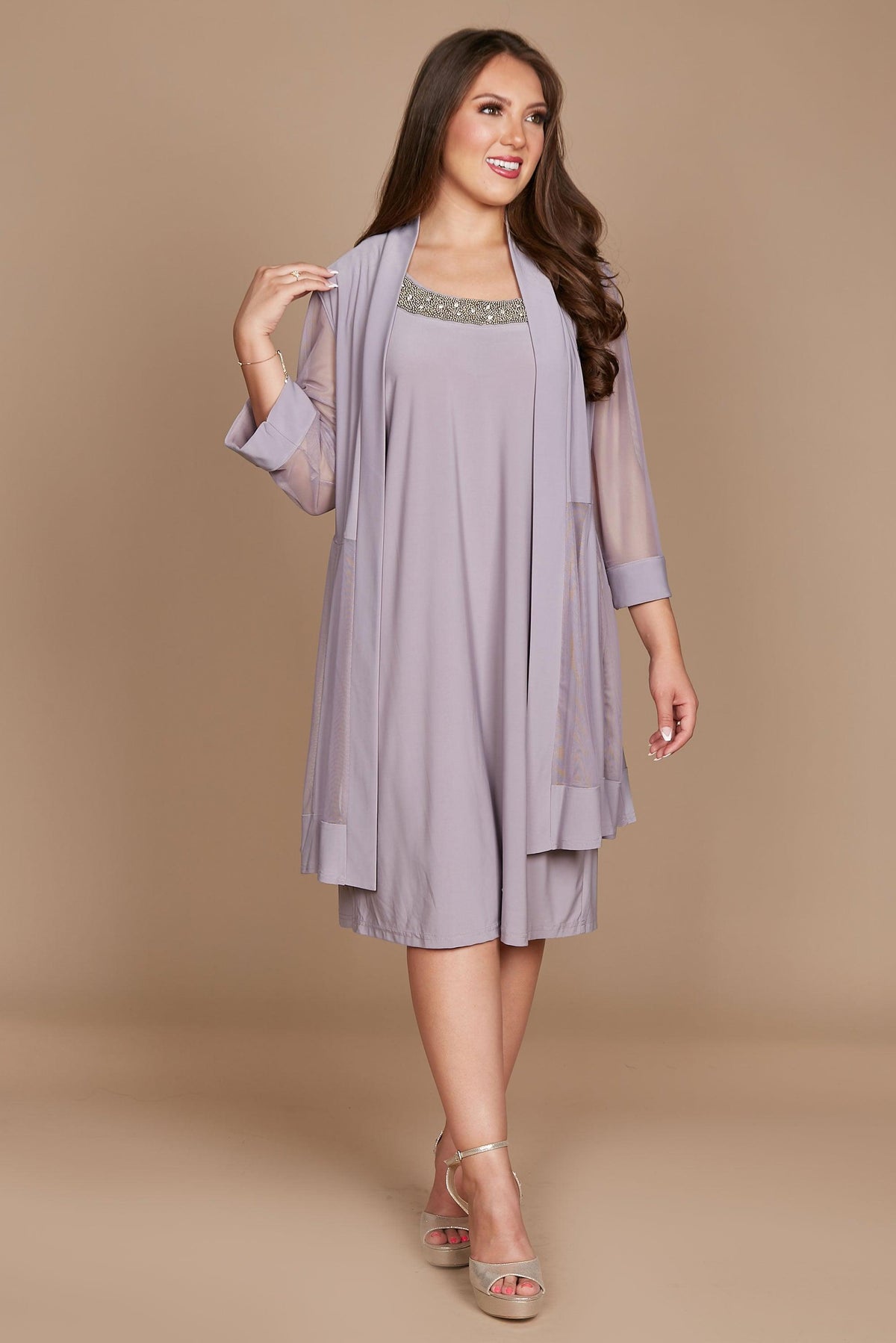 Elegant navy chiffon sleeveless cocktail dress with matching 3/4 sleeve jacket for mother of the bride