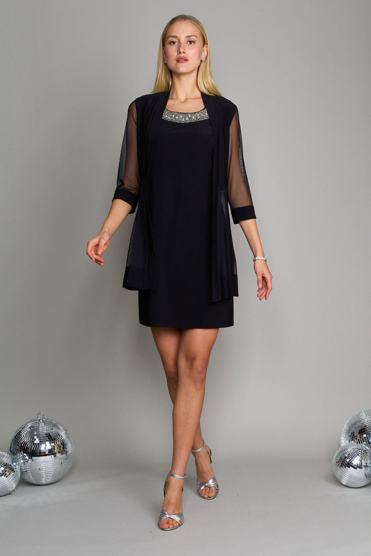 Elegant sleeveless chiffon cocktail dress with matching 3/4 sleeve jacket for mother of the bride