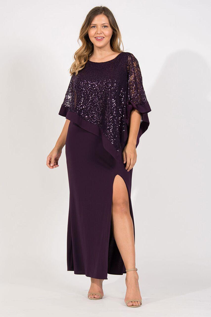 R&M Richards plus size sleeveless black sheath gown with shimmering poncho overlay and high slit