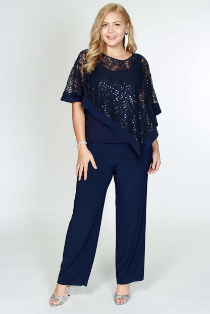Plus size formal sequin poncho overlay pants suit in elegant style for curvy figures