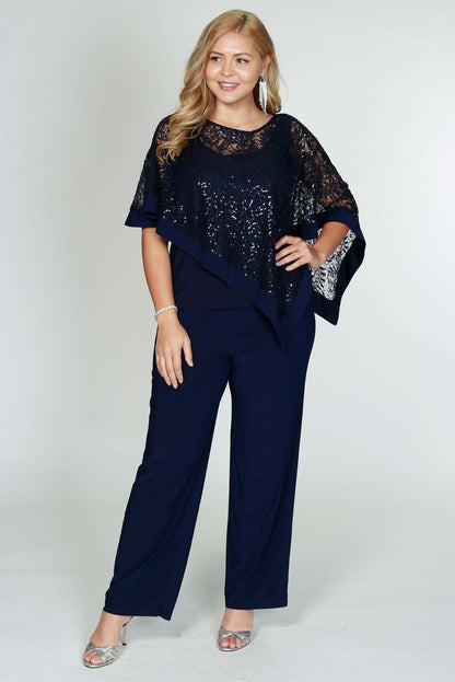 Plus size formal navy sequin poncho overlay pants suit with sheer embellishment for curvy figures