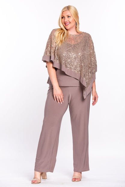 Plus size formal sequin poncho overlay pants suit in elegant embellished style for curvy figures