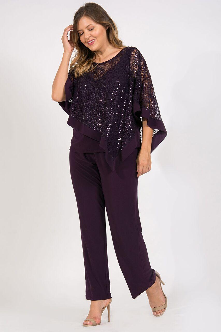 Plus size formal sequin poncho overlay pants suit in elegant sleeveless style for curvy figures