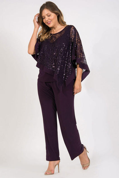 Plus size formal sequin poncho overlay pants suit in elegant sleeveless style for curvy figures