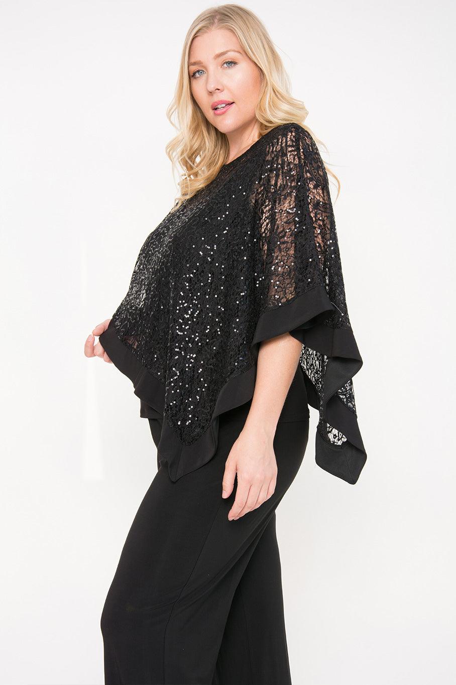 Plus size formal navy sequin poncho overlay pants suit with sleeveless sheer embellished top