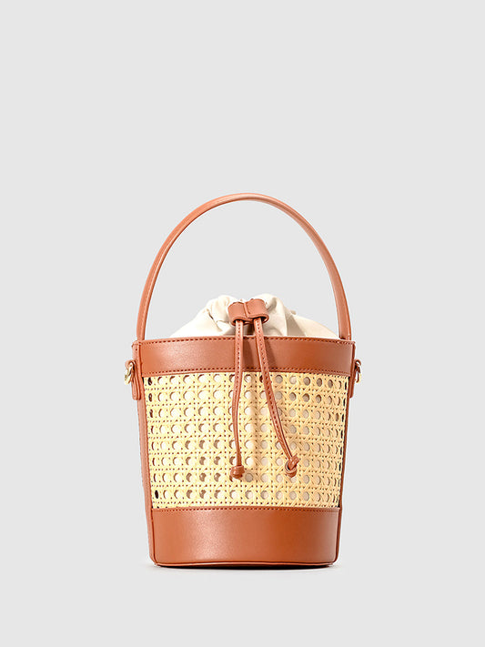 Rattan Accent Drawstring Bucket Bag - Wavlynn