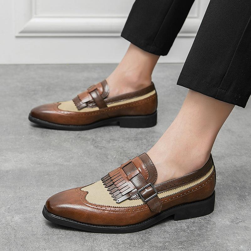 Men's brown premium leather slip-on brogue dress shoe with fringe tassel detail and glossy finish