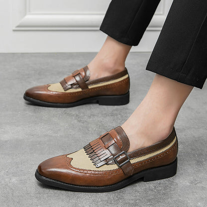Men's brown premium leather slip-on brogue dress shoe with fringe tassel detail and glossy finish