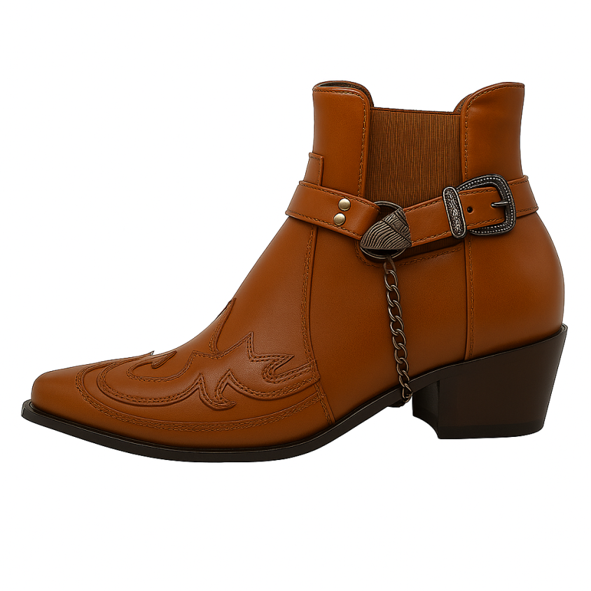 Men's brown winter western boots with pointed toe, angled heel, and bold buckle accent