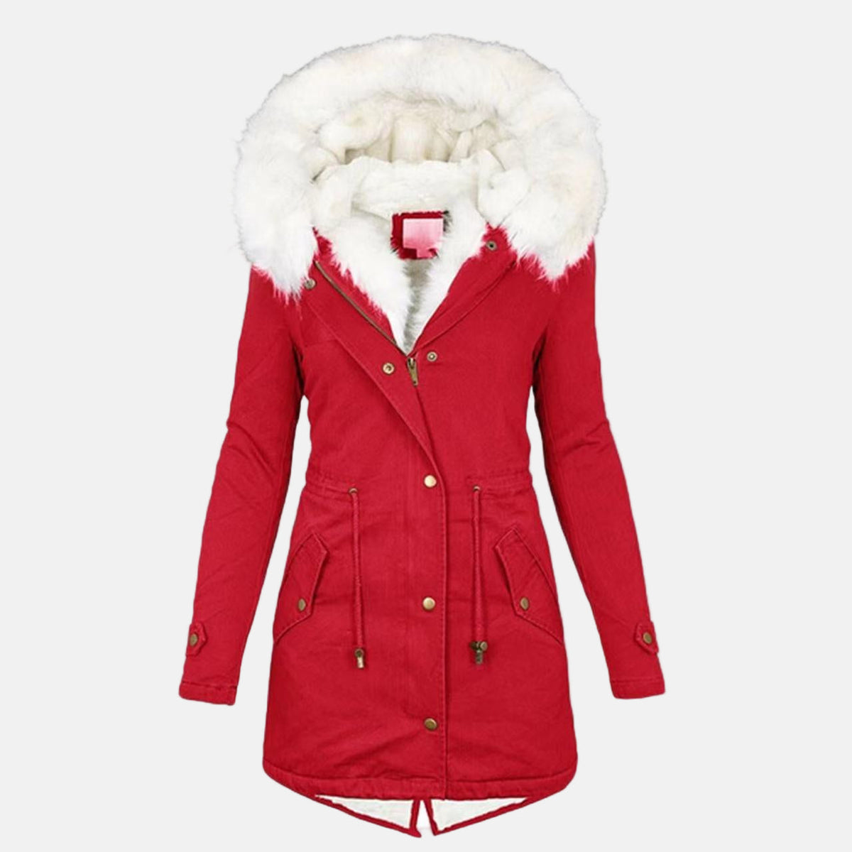 Women's mid-length hooded parka with faux fur trim, fleece-lined, water-resistant, fitted silhouette