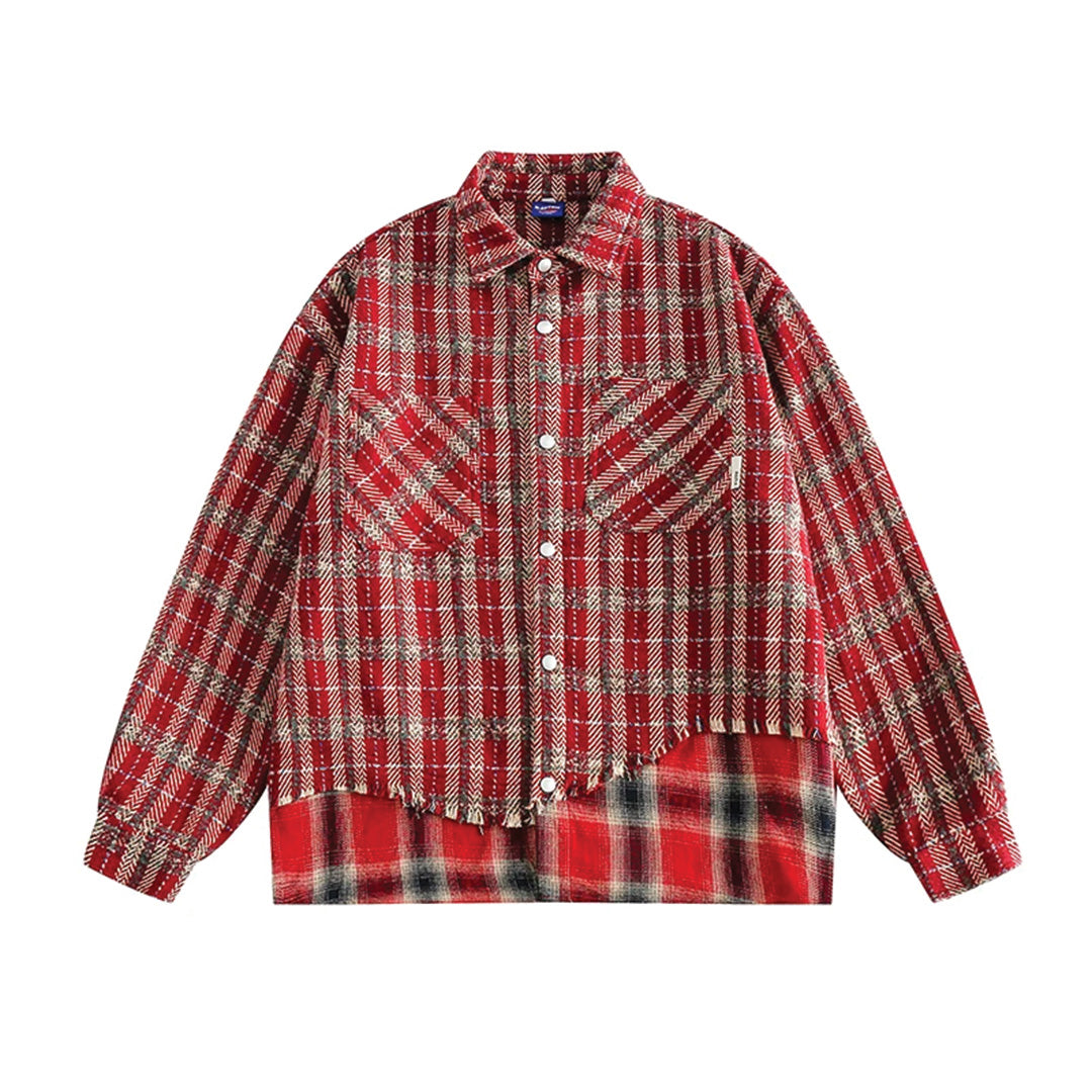 Relaxed-fit plaid button-down shirt in mixed pattern, cotton-poly blend for effortless everyday layering