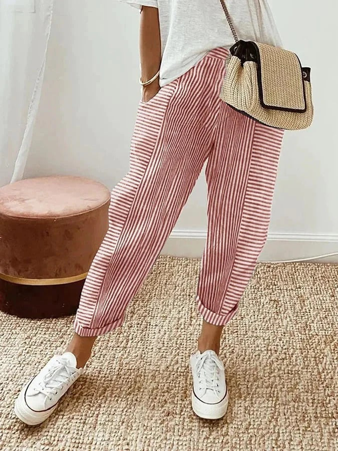 Striped relaxed-fit trousers with elastic waistband, effortless everyday style in multi-color stripe pattern