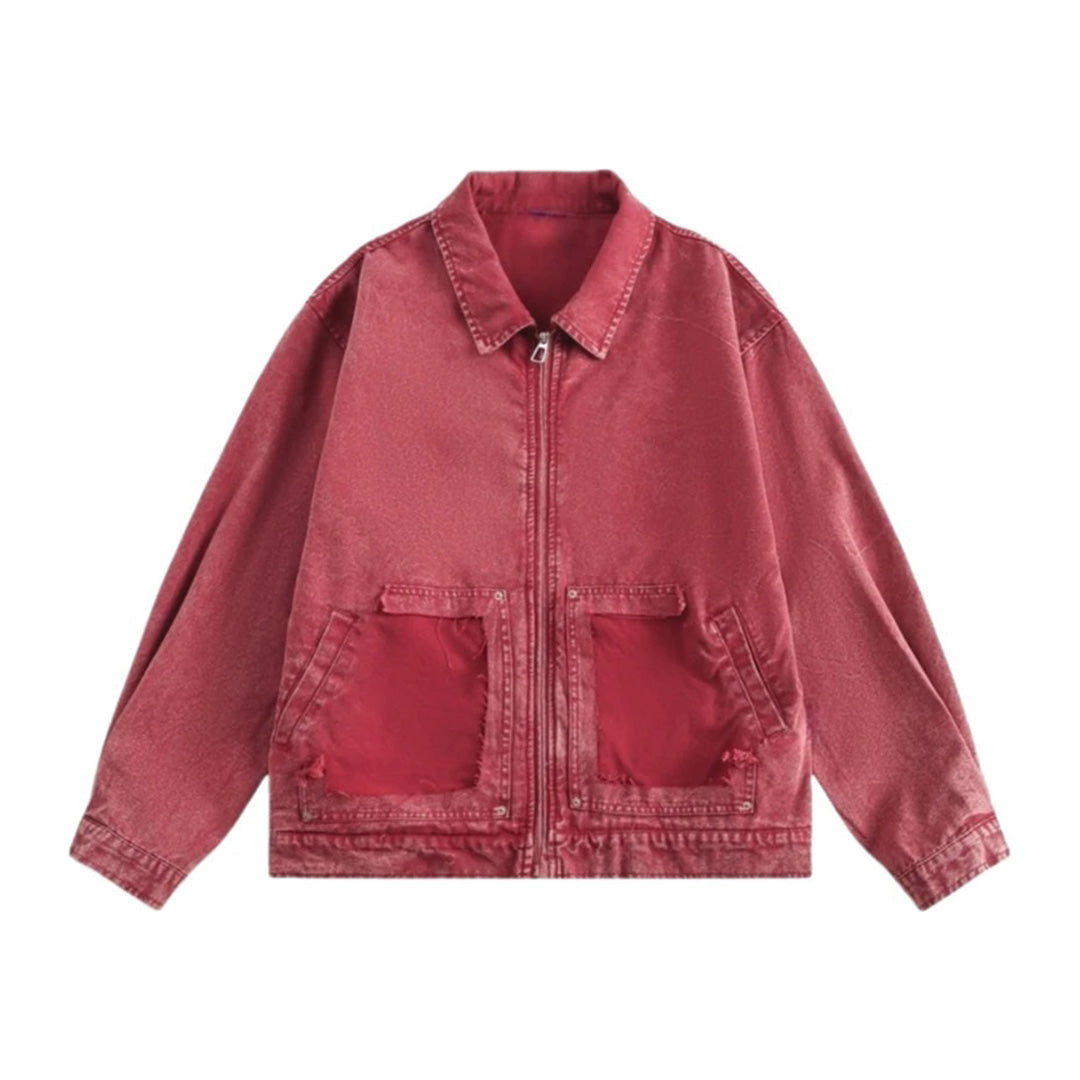 Washed cotton cargo jacket relaxed fit zip front with navy raw-finish dual patch pockets unisex