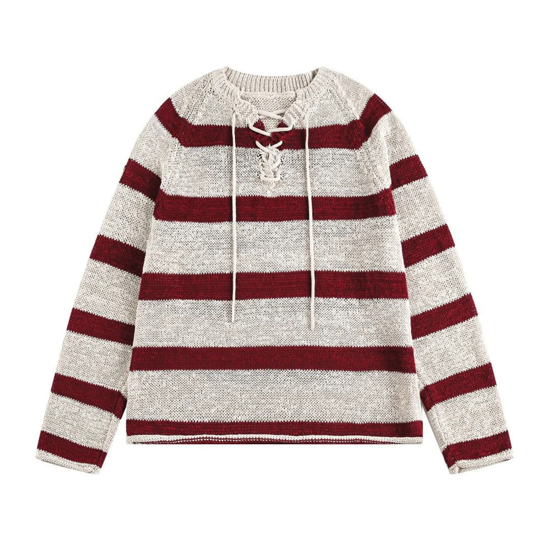 Navy white striped cotton knit pullover relaxed fit with lace-up neckline nautical style