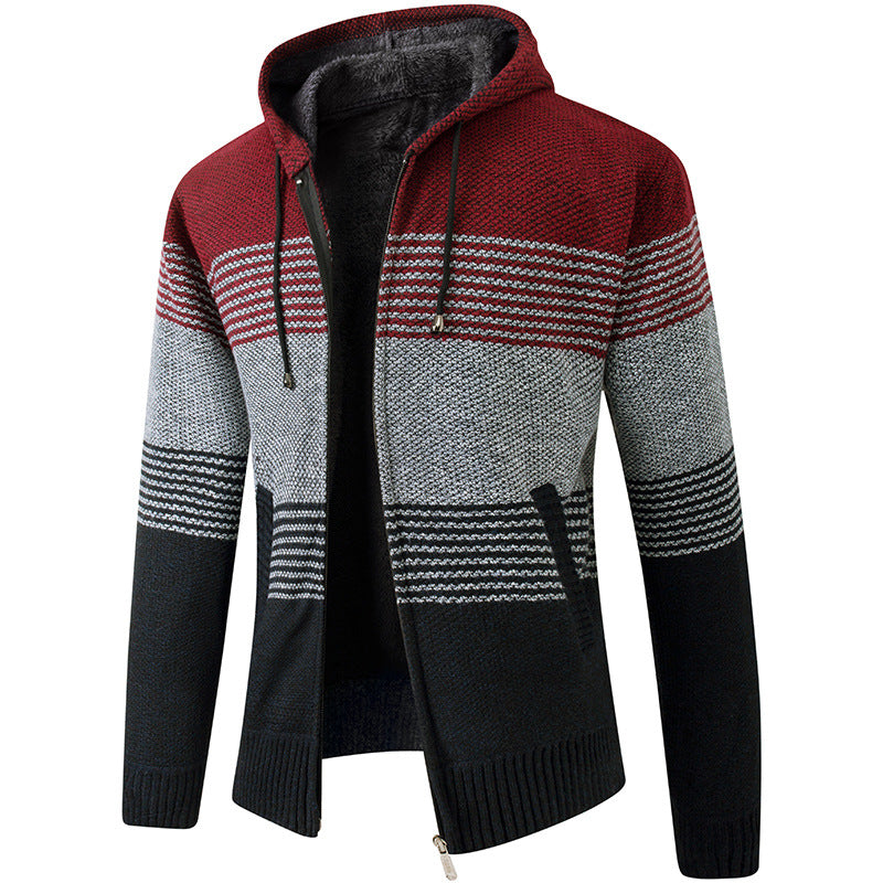 Men's striped knit zip-up hoodie cardigan jacket, cozy casual everyday layer with tonal pattern