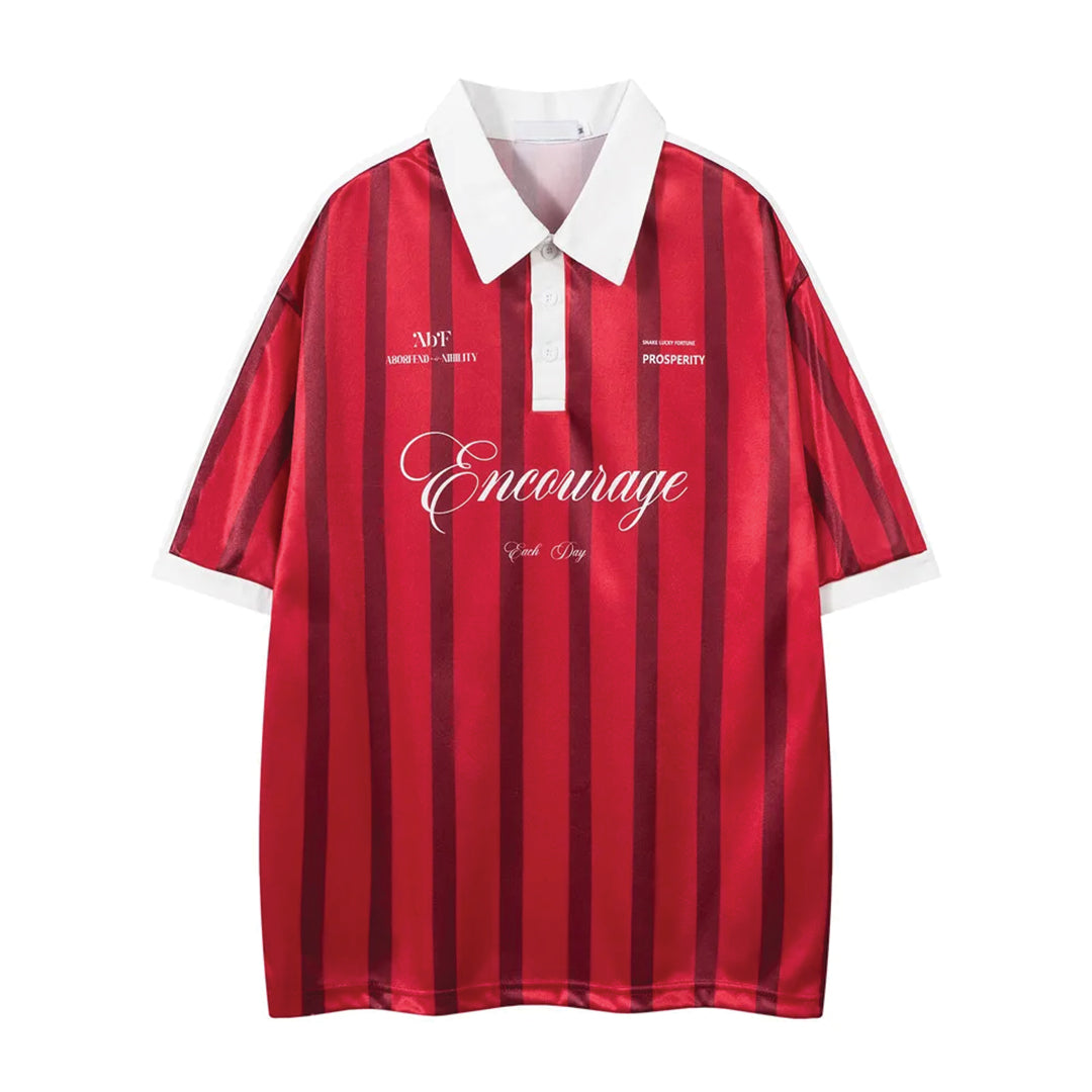 Prosper loose fit jersey polo shirt with graphic print and retro athletic turn-down collar