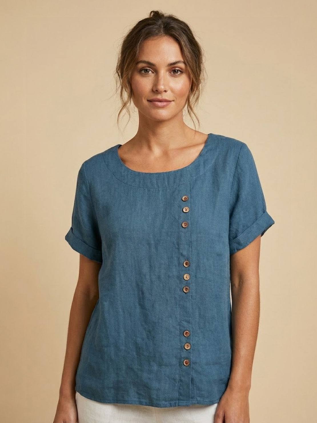 Women's casual scoop neck top with cuffed sleeves and vertical off-center button detail