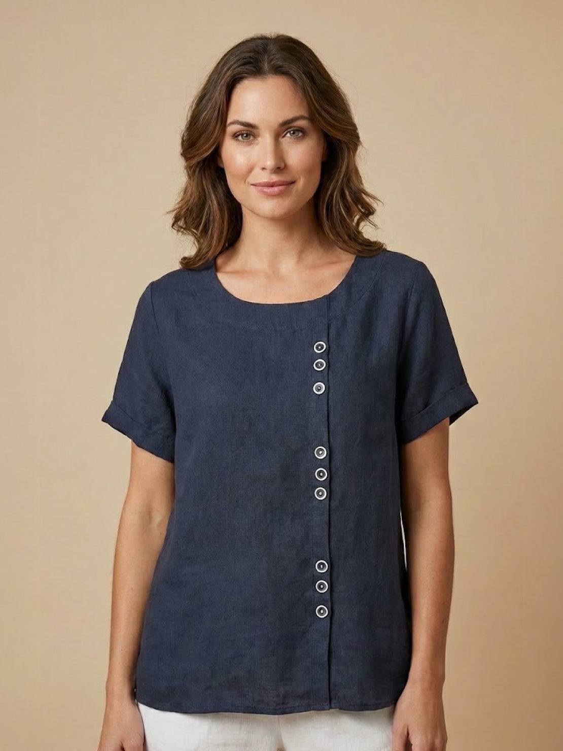 Women's casual scoop neck top with cuffed short sleeves and vertical off-center button detail