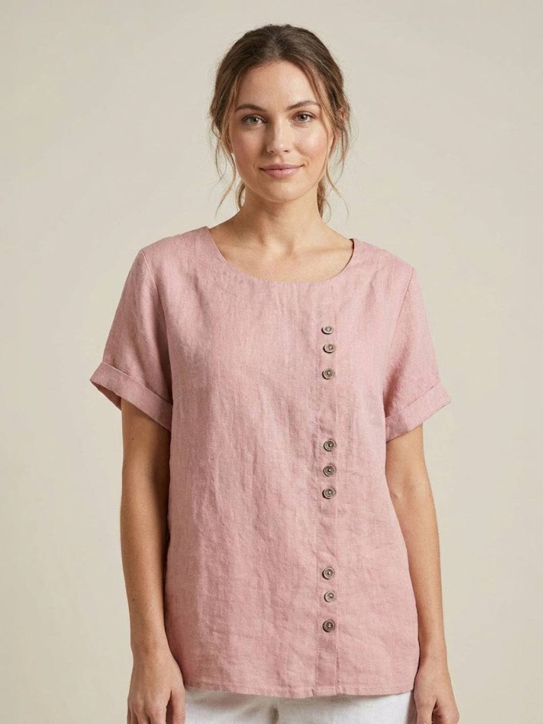Women's casual scoop neck top with cuffed short sleeves and vertical off-center button detail