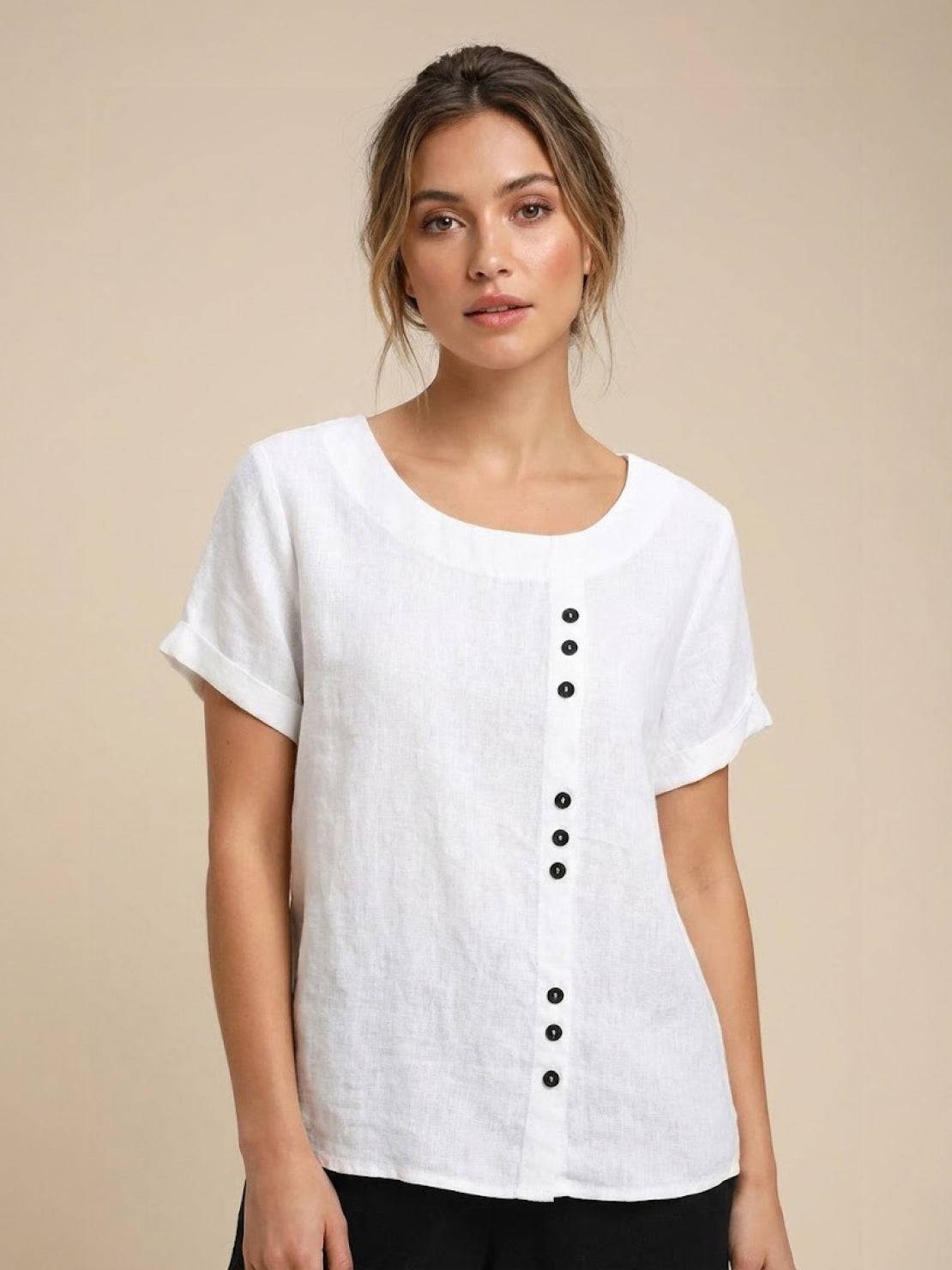 Women's casual scoop neck top with cuffed short sleeves and vertical off-center button detail