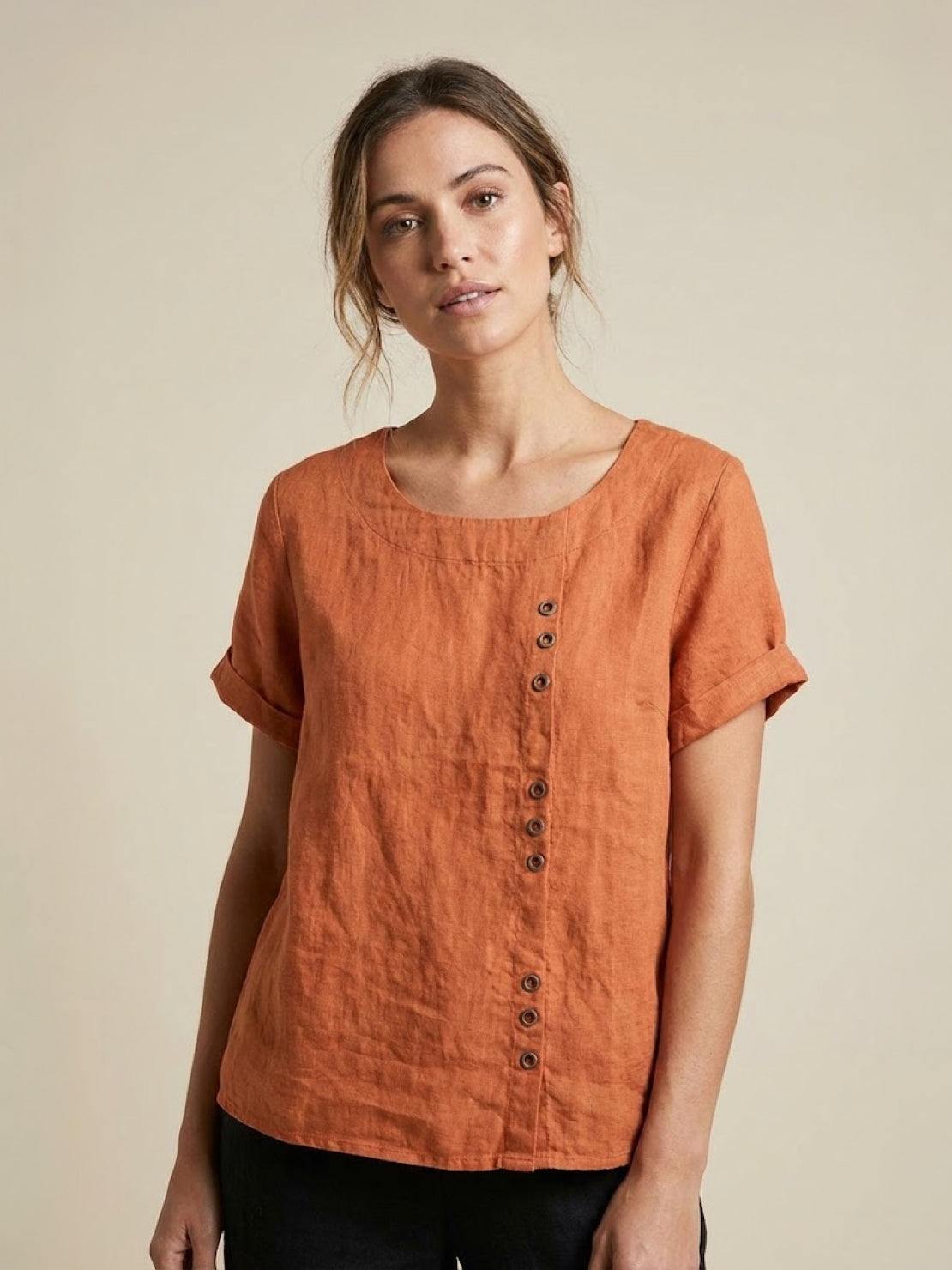 Women's casual scoop neck short sleeve top with vertical off-center button detail, minimal style
